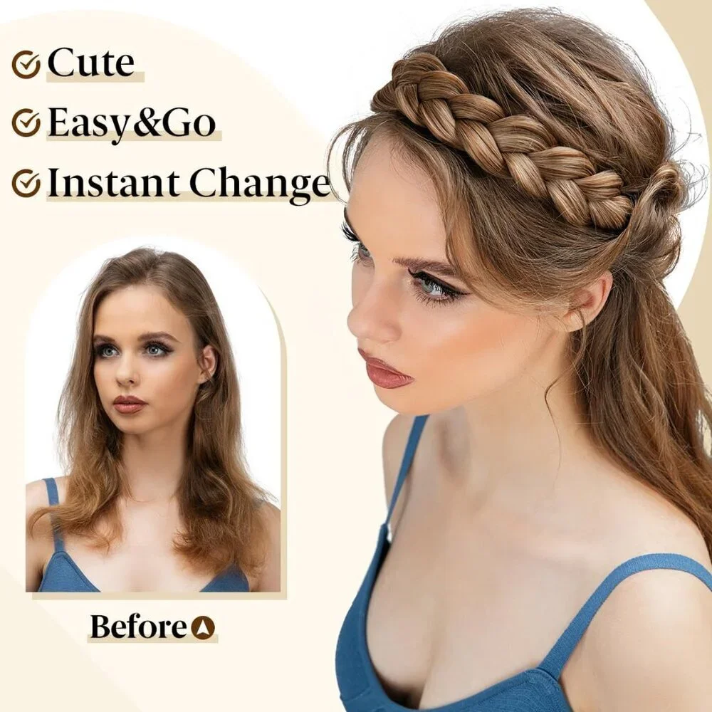 2PCs Braided Headbands Women Synthetic Hair Dual Use Elastic Comfortable